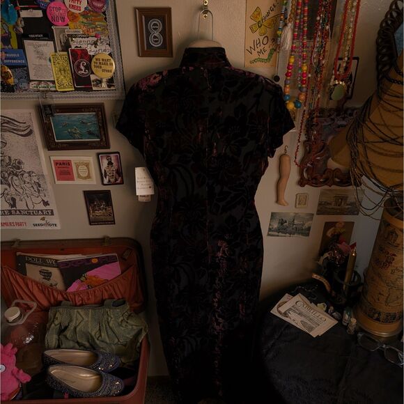 Vintage Velvet Asian Style Maxi Dress Women's 12 Petite Black Purple Floral - Picture 4 of 7